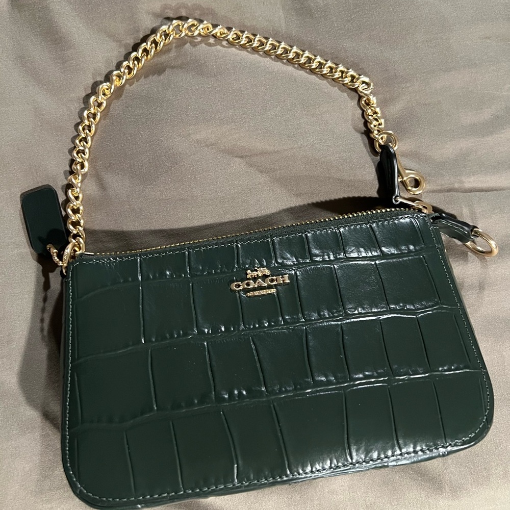 New green Coach Nolita crocodile embossed leather purse